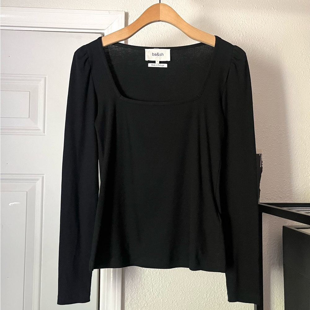 BA&SH black cotton elastane rib knit square neck long sleeve top tee